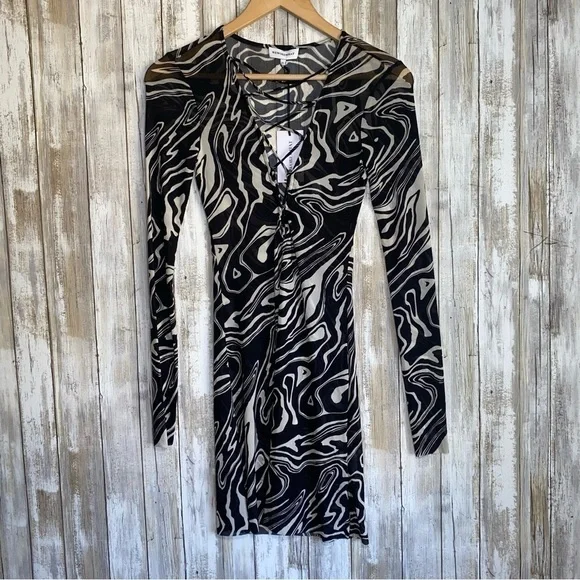 WeWoreWhat Black Marble Mesh Dress Ruched Bodycon Sheer Long Sleeve XS NWT - Picture 2 of 8
